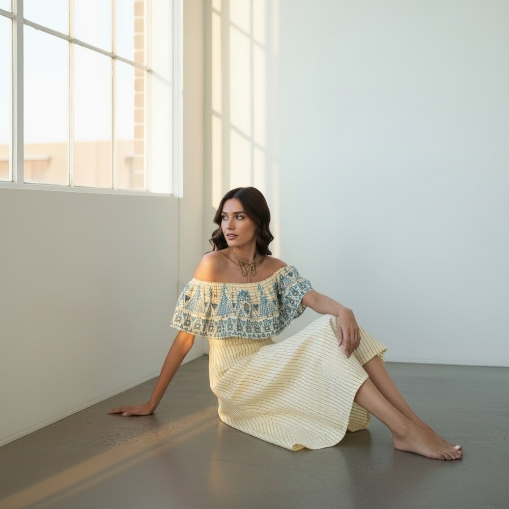 Global Desi Off Shoulder Midi Dress Medium Yellow Striped Teal Embroidered Boho